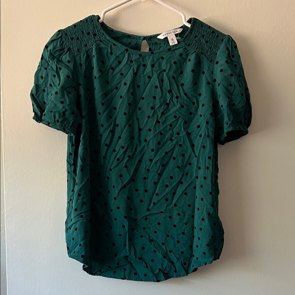 POPSUGAR Teal Blouse with Black Polka Dots